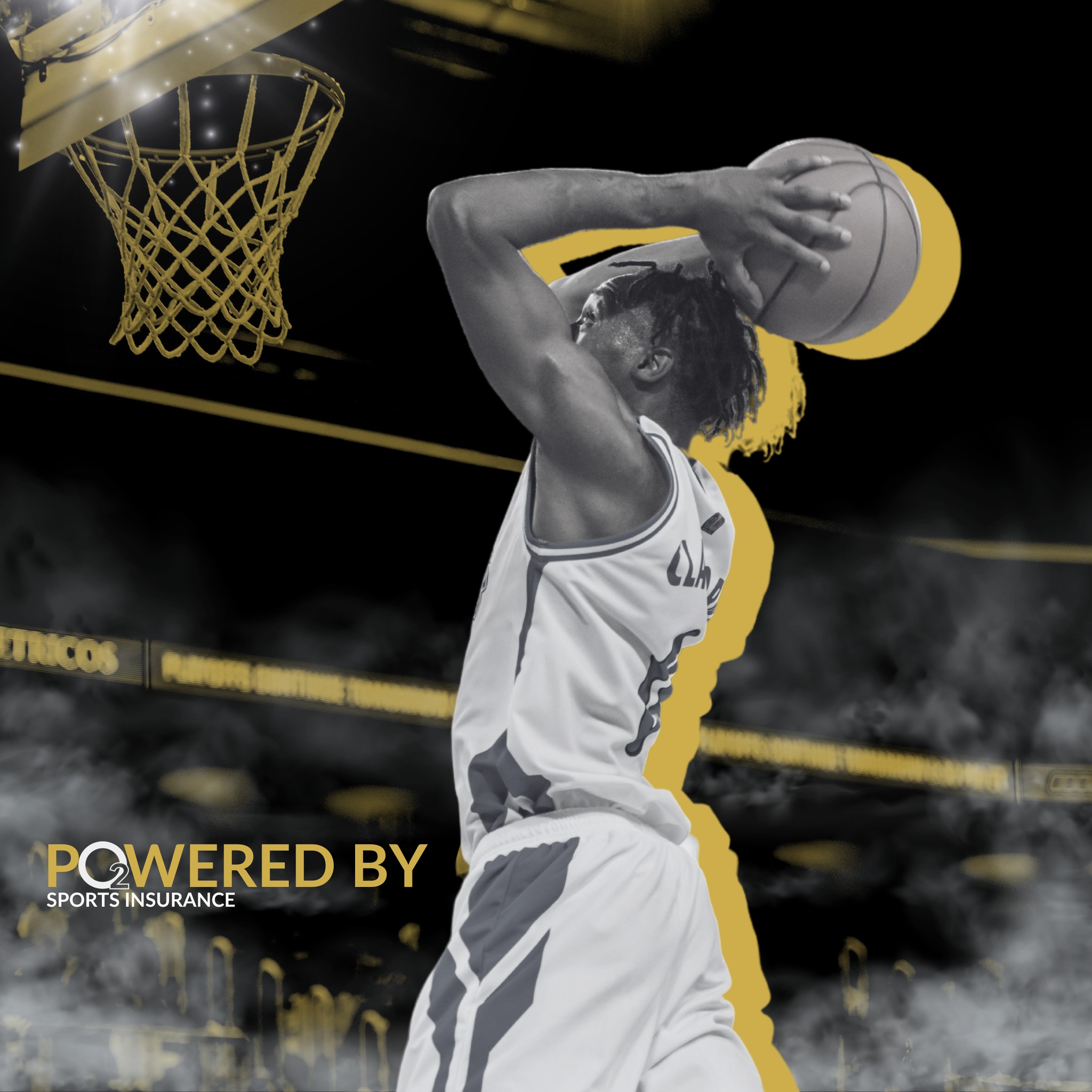 Basketball playing dunking a ball with O2 Sports Insurance Logo